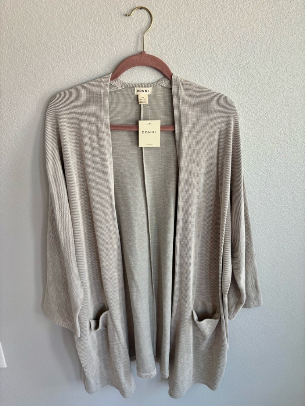 DONNI. Light Gray Open-Front Ribbed Half Sleeve Cardigan with Pockets